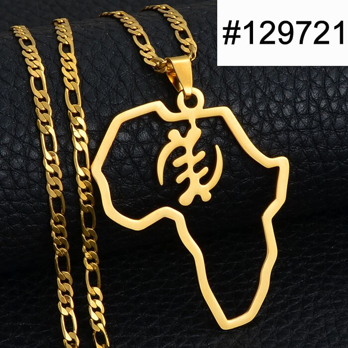 Anniyo African Map & Cultural Symbol Pendant Necklaces Women Men Gold Color Adinkra Gye Nyame Africa Ethnic Jewelry #129721