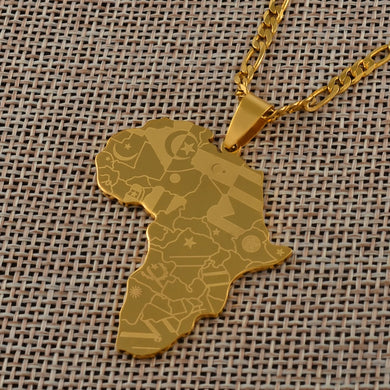 Anniyo Gold Color Africa Map With Flag Pendant Chain Necklaces African Maps Jewelry for Women Men #035321P