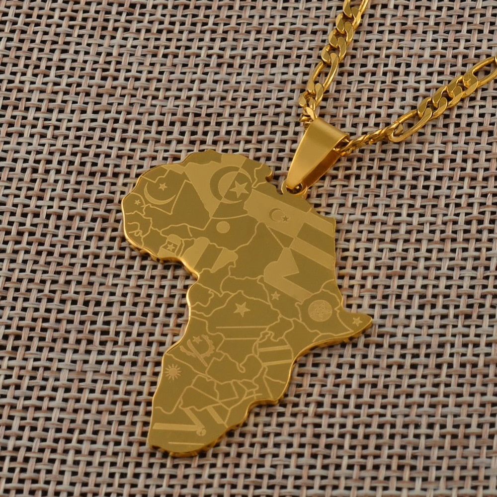 Anniyo Gold Color Africa Map With Flag Pendant Chain Necklaces African Maps Jewelry for Women Men #035321P