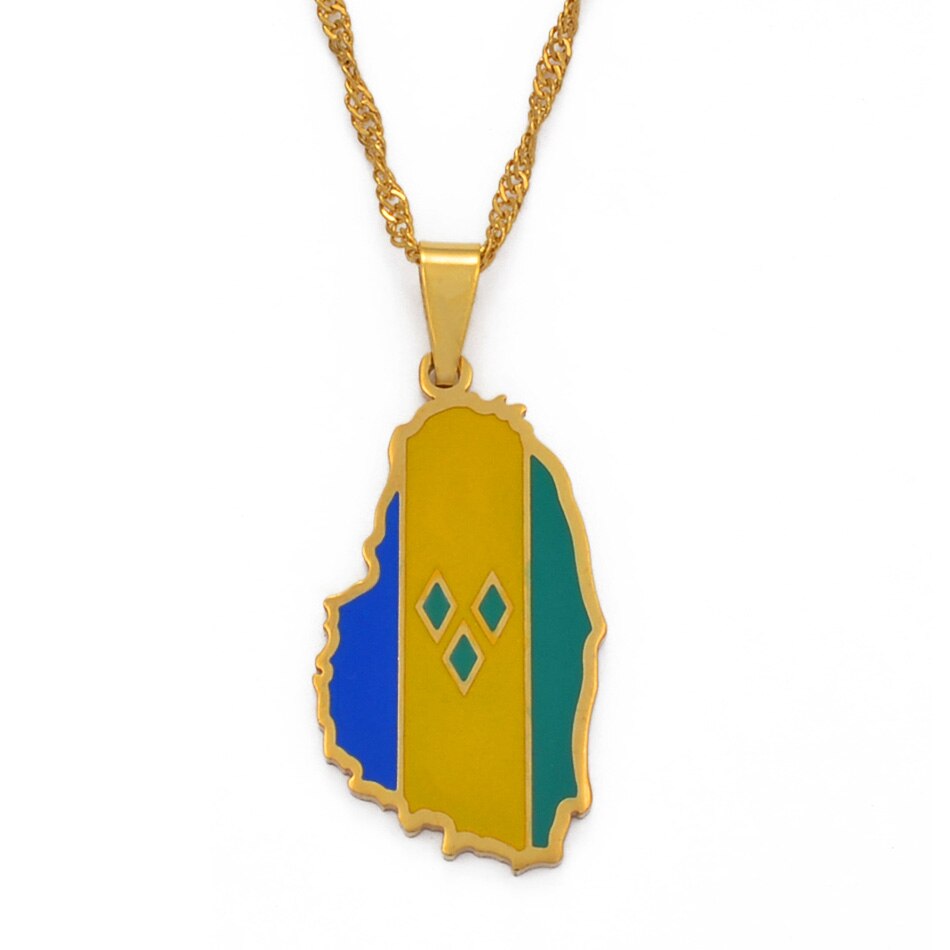 Anniyo Gold Color ST. Vincent Map Pendant Water Wave Chain Necklaces Saint Vincent Maps Lesser Antille Jewelry Gifts #098421