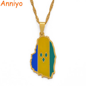 Anniyo Gold Color ST. Vincent Map Pendant Water Wave Chain Necklaces Saint Vincent Maps Lesser Antille Jewelry Gifts #098421