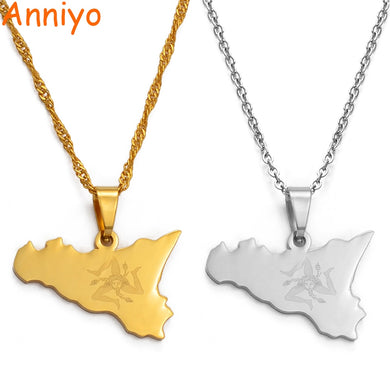 Anniyo Italy Sicily Map Pendant Necklaces,Stainless Steel/Gold Color Italian Sicilia Jewelry Gifts #025121