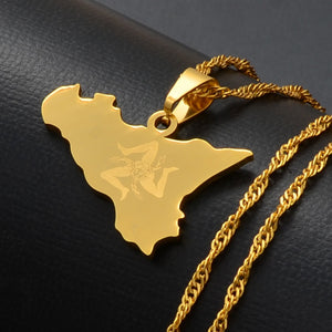 Anniyo Italy Sicily Map Pendant Necklaces,Stainless Steel/Gold Color Italian Sicilia Jewelry Gifts #025121
