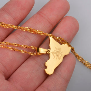 Anniyo Italy Sicily Map Pendant Necklaces,Stainless Steel/Gold Color Italian Sicilia Jewelry Gifts #025121