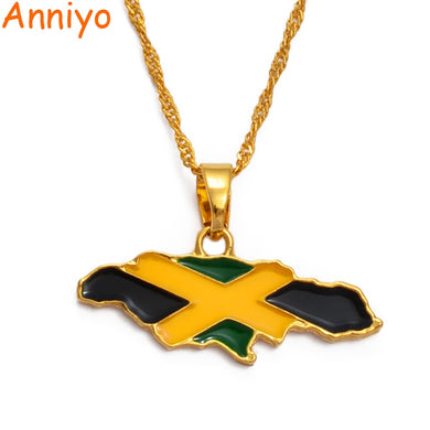Anniyo Jamaica Map and National Flag Pendant Necklaces Gold Color Jewelry Jamaican Gifts Maps #080406