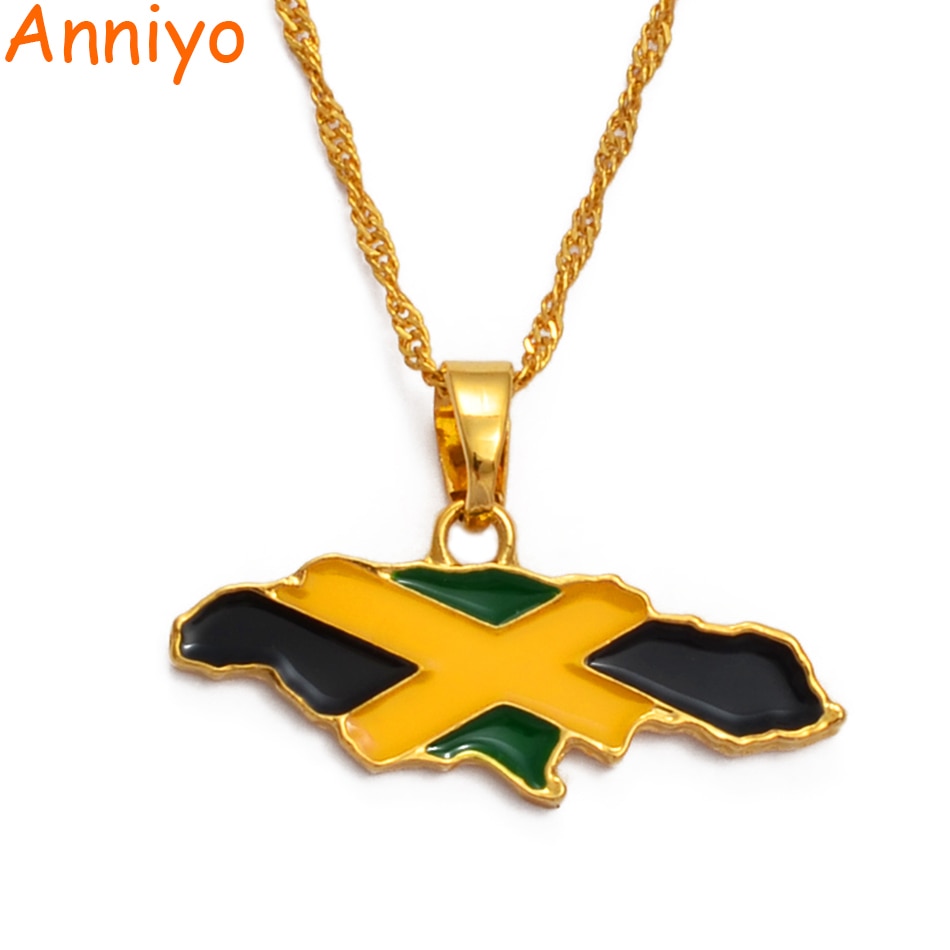 Anniyo Jamaica Map and National Flag Pendant Necklaces Gold Color Jewelry Jamaican Gifts Maps #080406