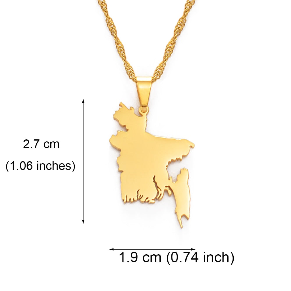 Anniyo Map of Bangladesh Pendant Necklaces Gold Color for Women Girls Stainless Steel Bangladeshi Maps Chains Bengali #154521
