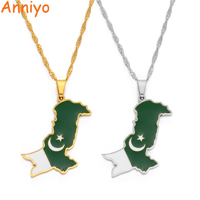 Anniyo Pakistan Map & Flag Pendant Necklaces Stainless Steel and Silver Color/Gold Color Pakistani Ethnic Jewelry #157721