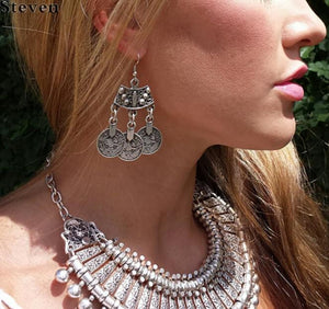 Anti Silver Turkish Coin Drop Earrings Sector Design Boho Gypsy Beachy Ethnic Tribal Festival Jewelry Bohemian Earrings