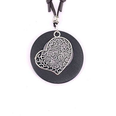 Antique Vintage Long Rope Chain Necklace Wooden Alloy Heart Pendants Neckless Cord Jewelry Accessories