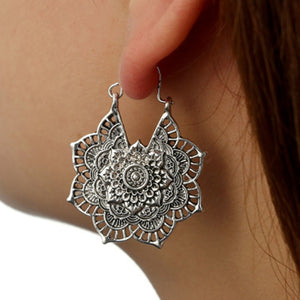 Antique silver Gypsy Indian Tribal Ethnic Hoop Dangle Mandala Earrings Boho