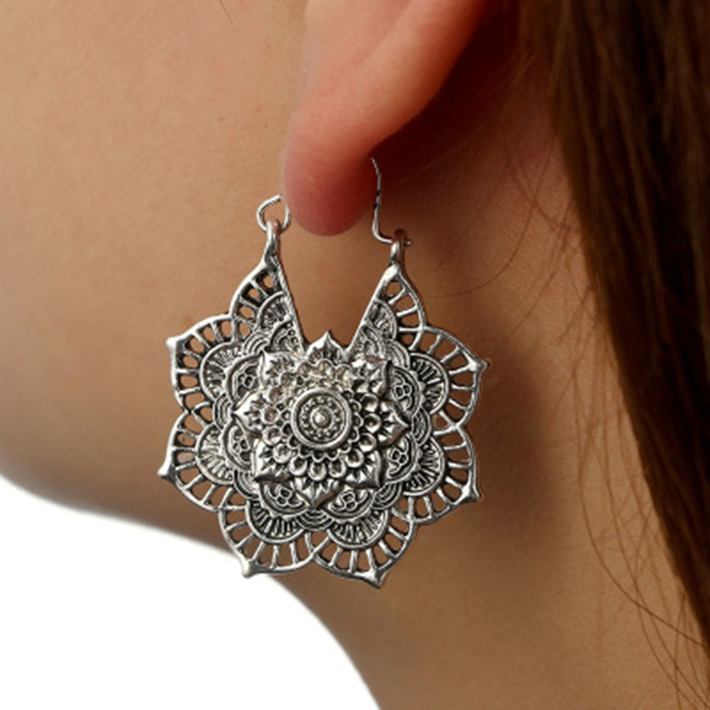 Antique silver Gypsy Indian Tribal Ethnic Hoop Dangle Mandala Earrings Boho