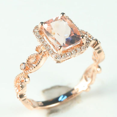 Art Deco Morganite Natural Diamonds Filigree Solid 14k Rose Gold Engagement Ring Wedding Jewelry Millgrain