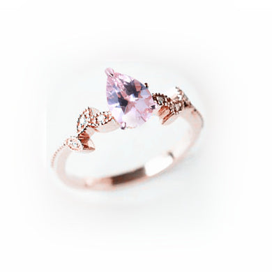 Art Deco Solid 14k Rose Gold Pear Natural Morganite Engagement Ring Diamonds Leaf Wedding Trendy Wedding Women Fine Jewelry