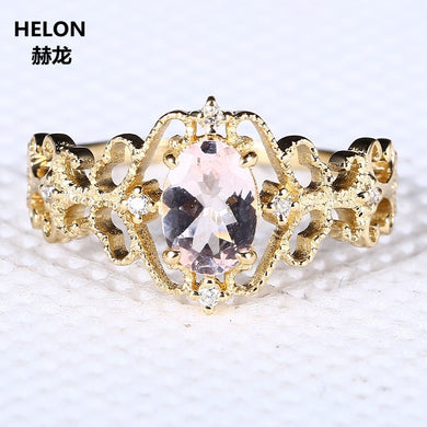 Art Deco Solid 14k Yellow Gold Morganite Ring Natural Diamond Engagement Wedding Ring for Women Vintage Fine Jewelry Vintage