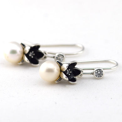 Authentic 100% 925 Sterling Silver Floral Silver Earrings with Pearls Clear CZ and Black Enamel DIY Fashion Jewelry Women Gifts