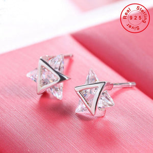 Authentic 100% Real 925 Sterling Silver CZ Triangle with Rhinestone Stud Star Earring, Luxury Original Jewelry for Women TF 327