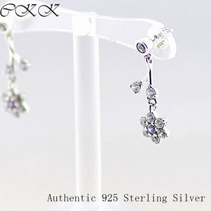 Authentic 925 Sterling Silver Forget Me Not earrings With Purple & Clear CZ DIY Fine Jewelry for Women SLE056