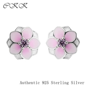 Authentic 925 Sterling Silver Magnolia Bloom Stud Earrings With Pale Cerise Enamel & Pink CZ for Women DIY Fine Jewelry SLE085