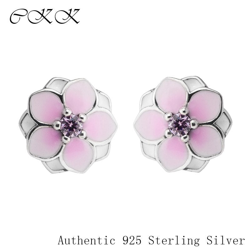 Authentic 925 Sterling Silver Magnolia Bloom Stud Earrings With Pale Cerise Enamel & Pink CZ for Women DIY Fine Jewelry SLE085