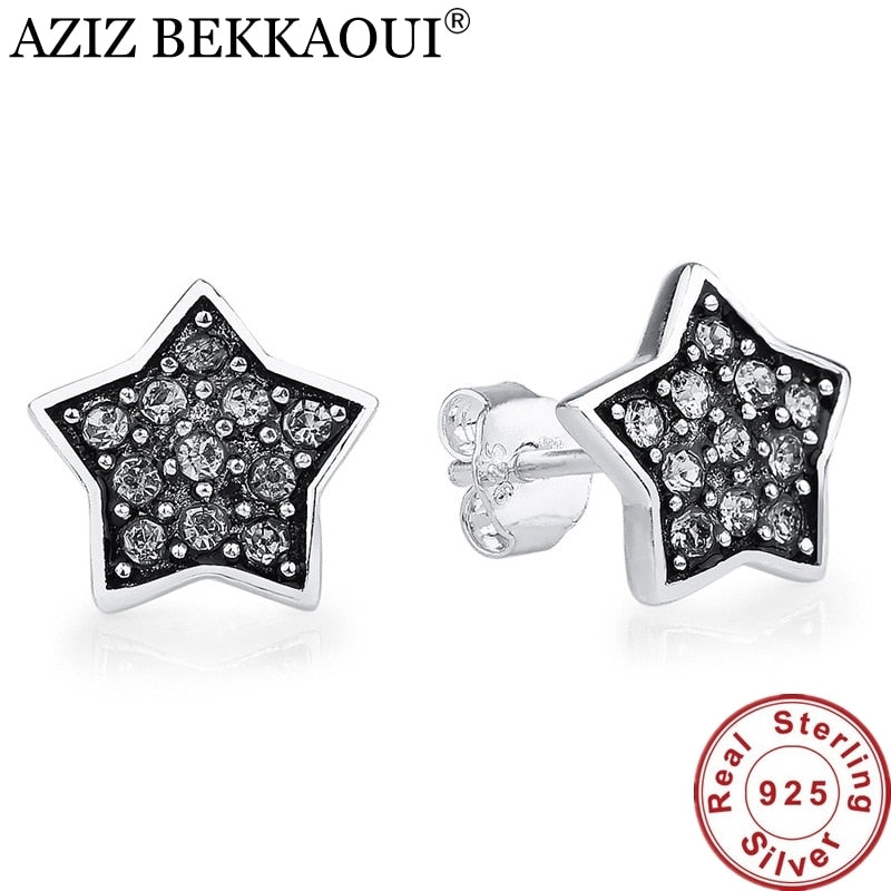 Authentic 925 Sterling Silver Sparkling Star Stud Earrings for Women Black Punk Earring Compatible with PAN Jewelry Best Gift