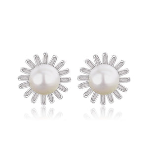 Authentic 925 sterling Silver Sunflower Stud Earring with Pearl Women fine jewelry Earrings