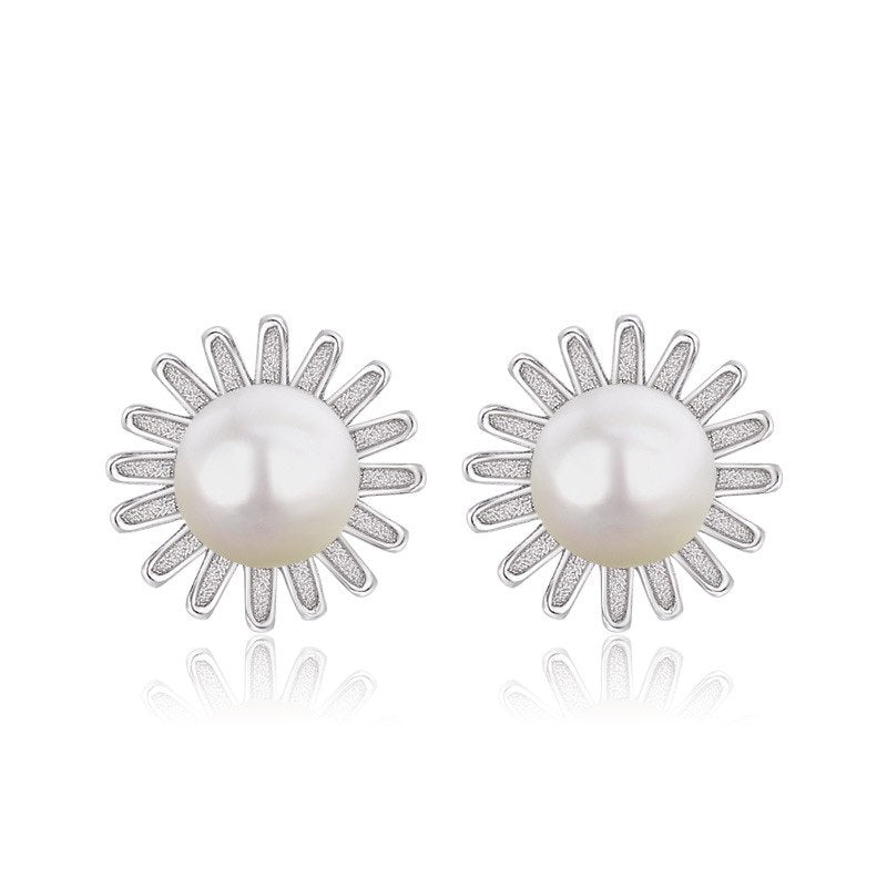 Authentic 925 sterling Silver Sunflower Stud Earring with Pearl Women fine jewelry Earrings