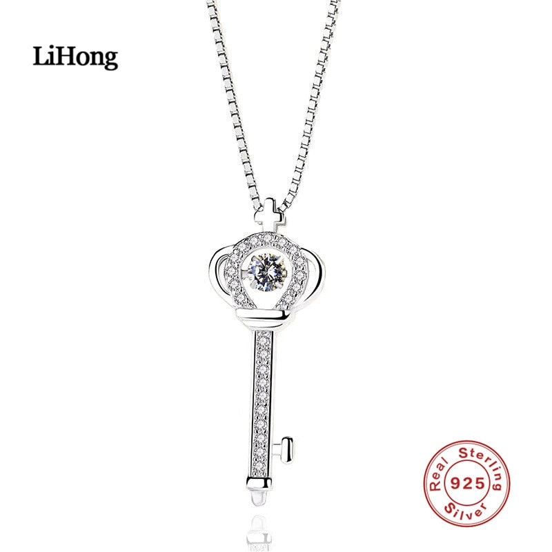 Autentica collana in argento sterling con chiave a corona, ciondolo in zircone AAA, catena in argento, moda donna, gioielli con fascino 