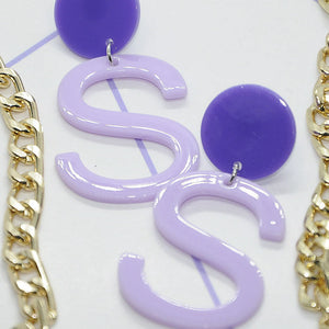 B002 Purple Letter S Big Dangle earrings For Women Jewelry Casual Funny Earrings Female Bijoux Wholesale girl New Fashion Show