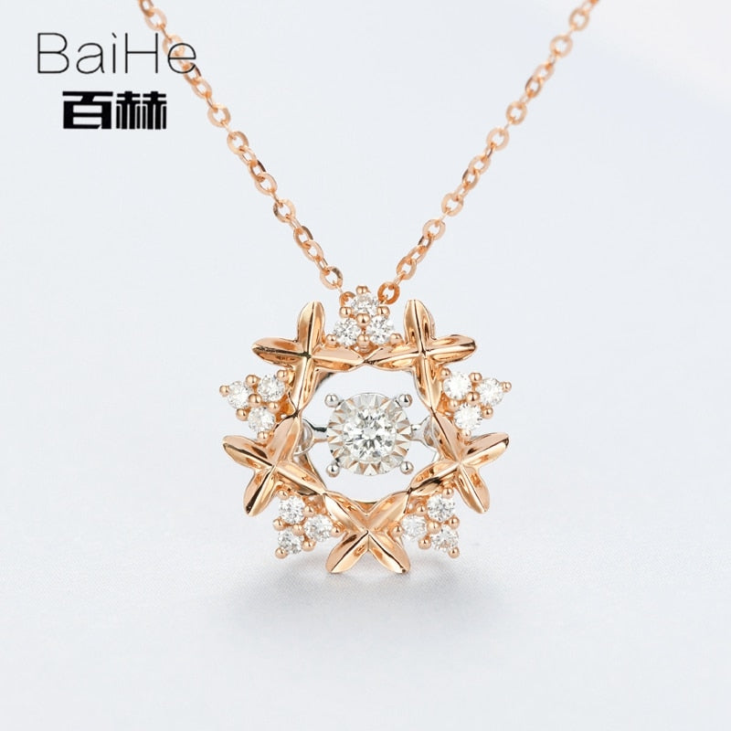 BAIHE Solid 14K Rose Gold 0.05ct Certified H/SI 100% Genuine Natural Diamond Women Trendy Fine Jewelry Elegant unique Necklaces