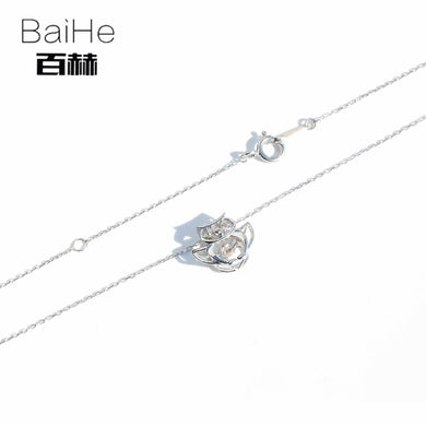 BAIHE Solid 14K White Gold 0.08CT Certified H/SI Round 100% Genuine Natural Diamonds Women Trendy Fine Jewelry Elegant Necklaces