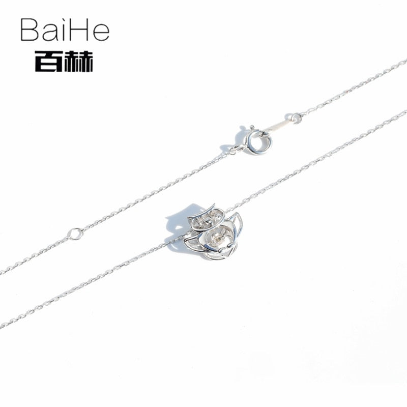 BAIHE Solid 14K White Gold 0.08CT Certified H/SI Round 100% Genuine Natural Diamonds Women Trendy Fine Jewelry Elegant Necklaces