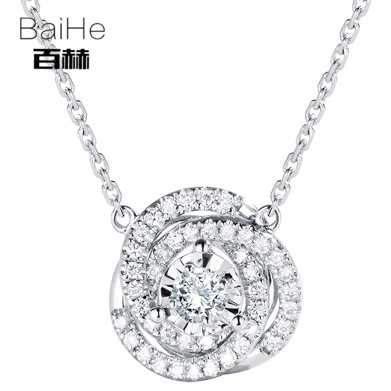 BAIHE Solid 14K White Gold 0.10ct Certified H/SI 100% Genuine Natural Diamond Women Trendy Fine Jewelry Elegant gift Necklaces