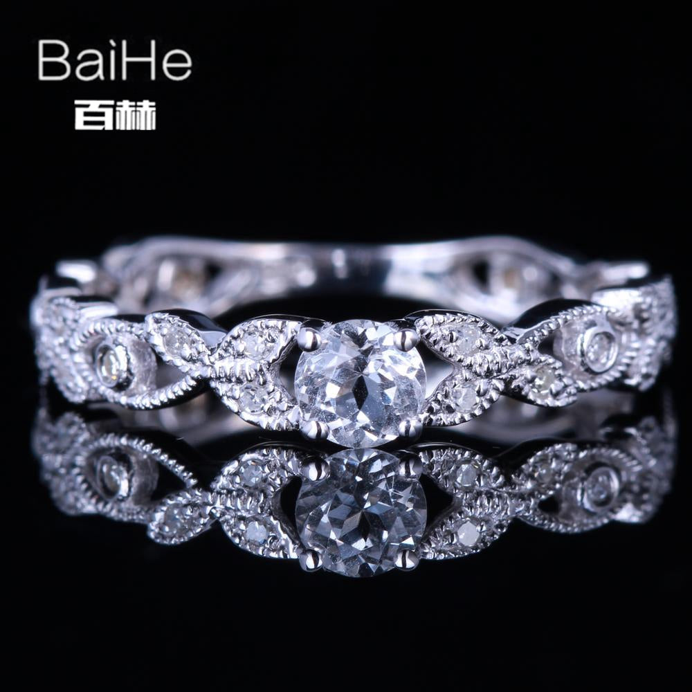 BAIHE Solid 14K White Gold(AU585) 0.22CT Certified Genuine White Topaz Round Flawless Wedding Women Trendy Fine Jewelry Ring