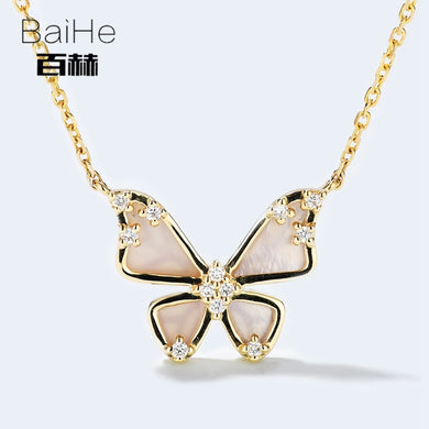 BAIHE Solid 14K Yellow Gold 0.07CT Certified Butterfly shell Genuine Natural Diamonds Engagement Women Fine Jewelry Necklaces