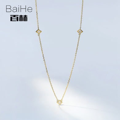 BAIHE Solid 14K Yellow Gold 0.09CT Certified H/SI Genuine Natural Diamonds Round CUT Women Trendy Fine Jewelry Elegant Necklaces