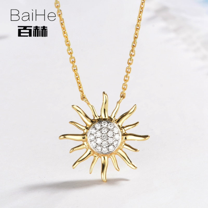 BAIHE Solid 14K Yellow Gold 0.10ct Certified H/SI Genuine Natural Diamonds Wedding Women Trendy Fine Jewelry Elegant Necklaces