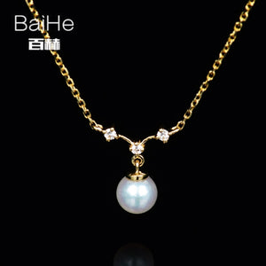 BAIHE Solid 14K Yellow Gold 4MM Certified 100% Genuine Natural Pearl Anniversary Women Trendy Jewelry Elegant unique Necklaces