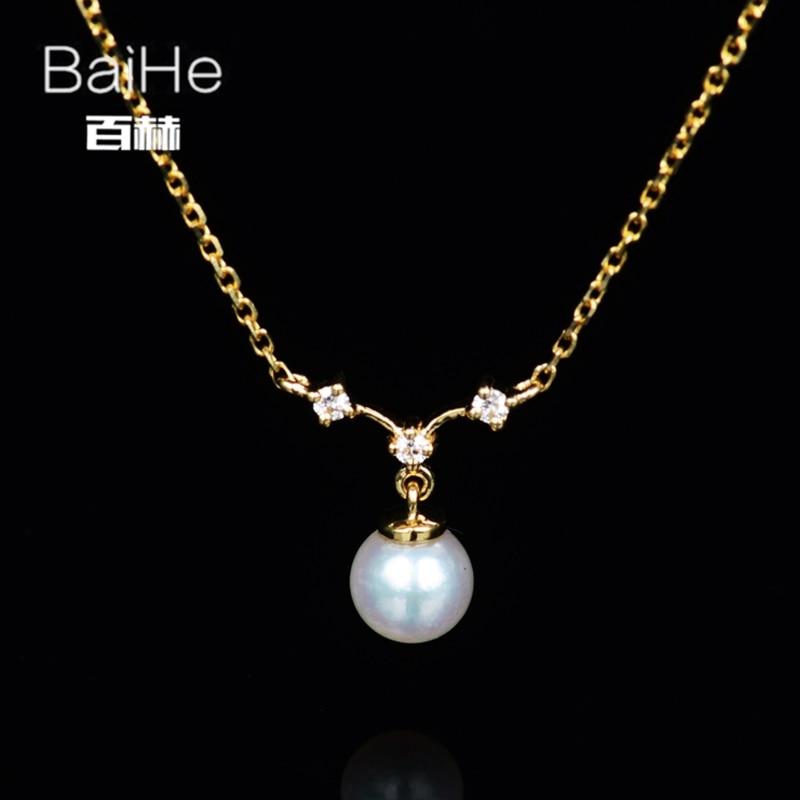 BAIHE Solid 14K Yellow Gold 4MM Certified 100% Genuine Natural Pearl Anniversary Women Trendy Jewelry Elegant unique Necklaces