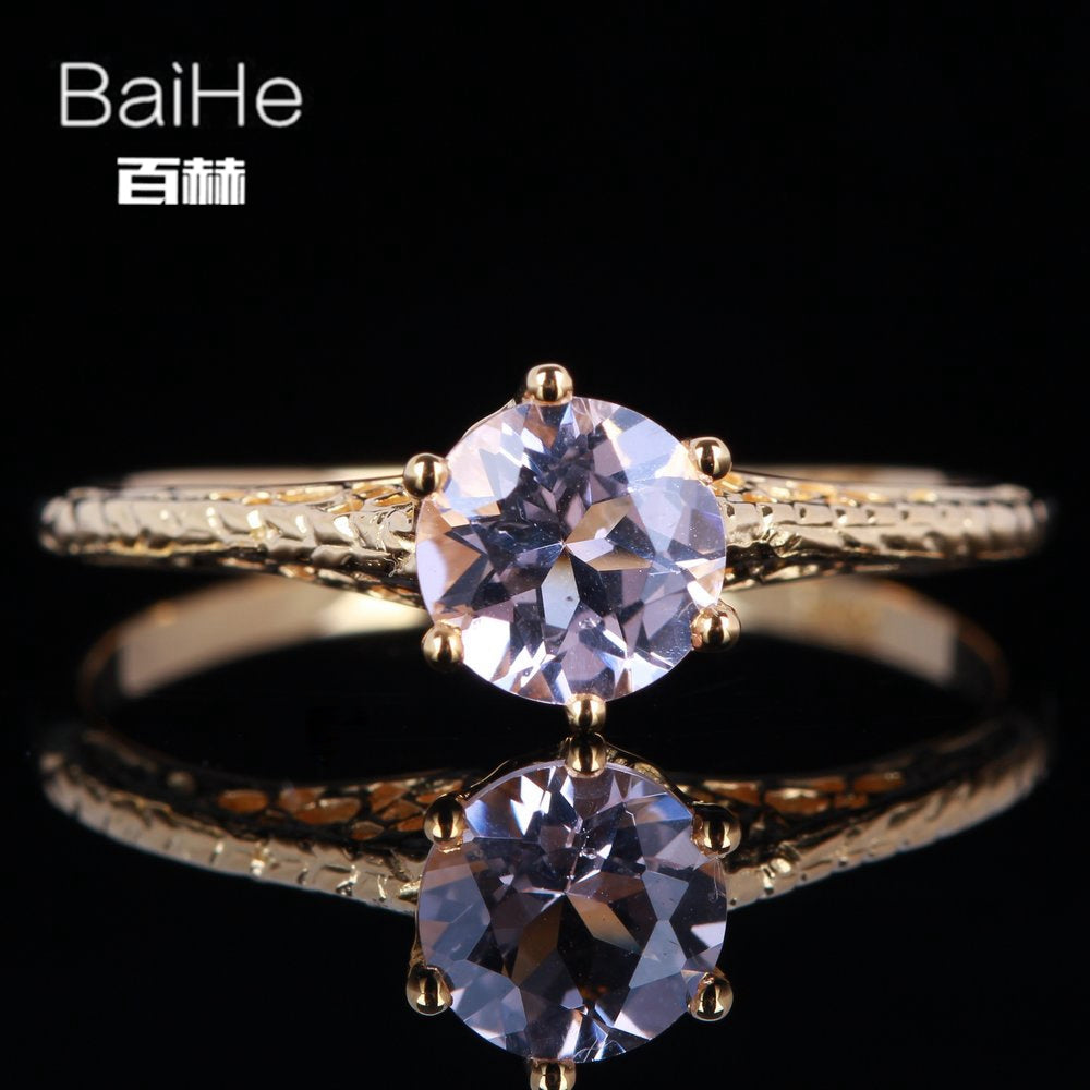 BAIHE Solid 14K Yellow Gold(AU585) 0.72CT Certified Pink Flawless Genuine Morganite Engagement Women Trendy Jewelry Gift Ring