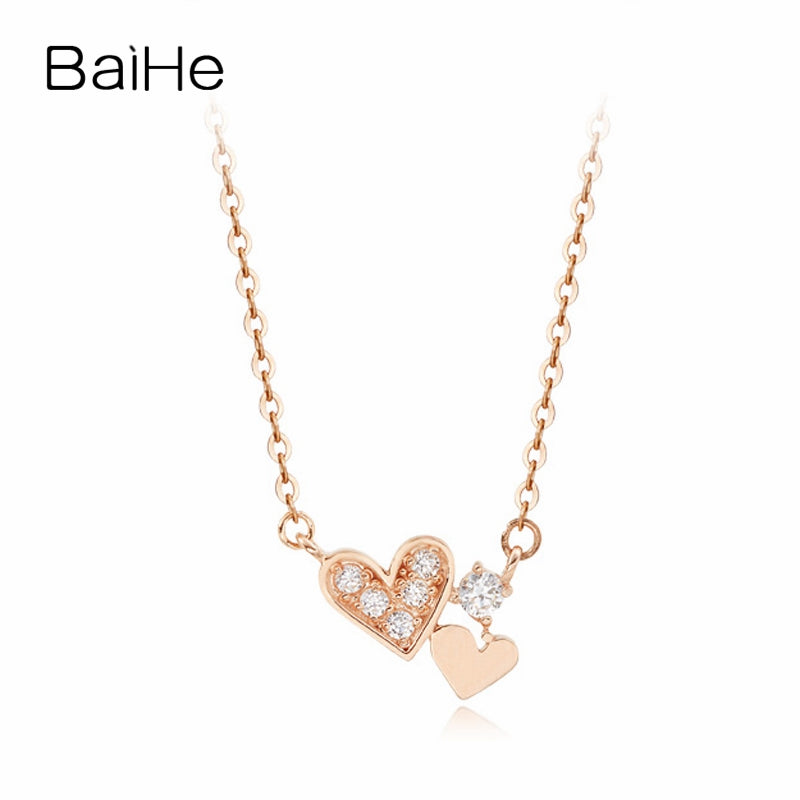BAIHE Solid 18K Rose Gold 0.09CT Certified Round 100% Genuine Natural Diamonds Women Engagement Jewelry Vintage Gift Necklaces