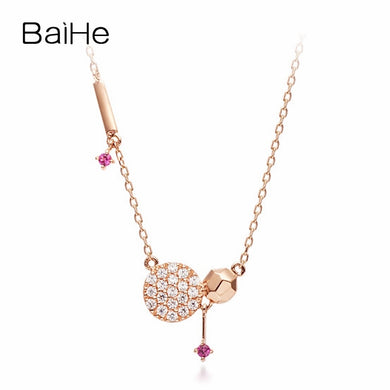 BAIHE Solid 18K Rose Gold 0.17ct Certified 100% Genuine Natural Diamonds & Rubys Engagement Trendy Jewelry Elegant Necklaces