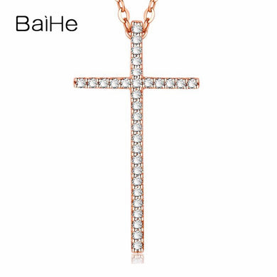 BAIHE Solid 18K Rose Gold 0.18ct Certified H/SI 100% Genuine Natural Diamonds Engagement Women Trendy Jewelry Elegant Necklaces