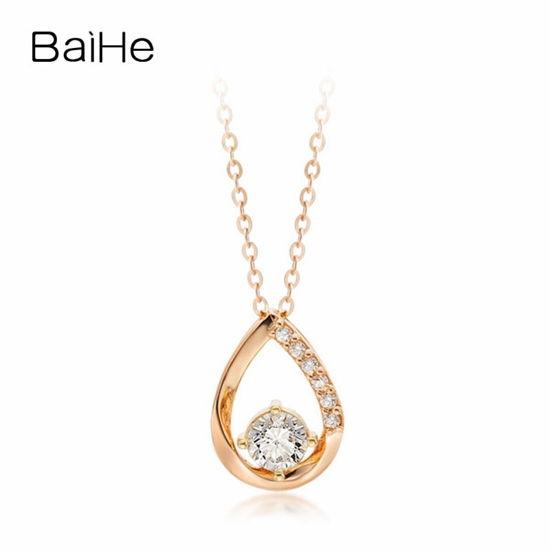 BAIHE Solid 18K Rose Gold 0.20ct Certified Round cut 100% Genuine Natural Diamonds Women Engagement Fine Jewelry Gift Necklaces