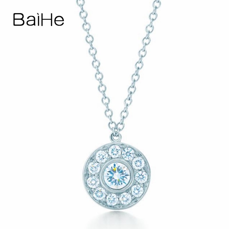 BAIHE Solid 18K White Gold 0.18ct Certified 100% Genuine Natural Diamonds Women Engagement Fine Jewelry Elegant Gift Necklaces