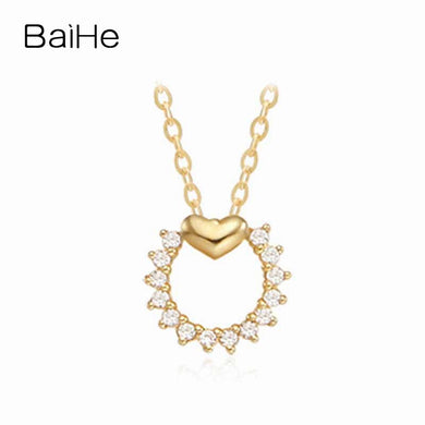 BAIHE Solid 18K Yellow Gold 0.07CT Certified Round cut 100% Genuine Natural Diamonds Women Wedding Jewelry Trendy Gift Necklaces