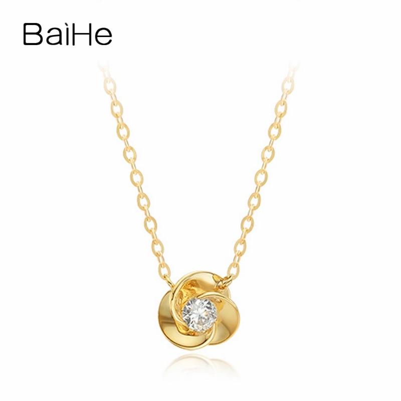 BAIHE Solid 18K Yellow Gold 0.10ct Certified Round cut 100% Genuine Natural Diamond Women Engagement Gift Fine Jewelry Necklaces