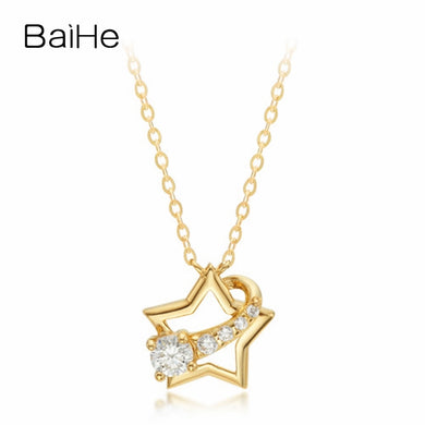 BAIHE Solid 18K Yellow Gold 0.17ct Certified Round 100% Genuine Natural Diamonds Women Engagement Fine Jewelry Gift Necklaces