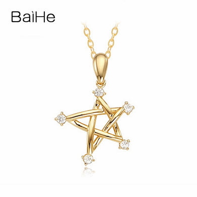 BAIHE Solid 18K Yellow Gold 0.17ct Certified Round CUT H/SI 100% Genuine Natural Diamonds Women Wedding Fine Jewelry Necklaces