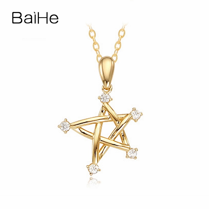 BAIHE Solid 18K Yellow Gold 0.17ct Certified Round CUT H/SI 100% Genuine Natural Diamonds Women Wedding Fine Jewelry Necklaces